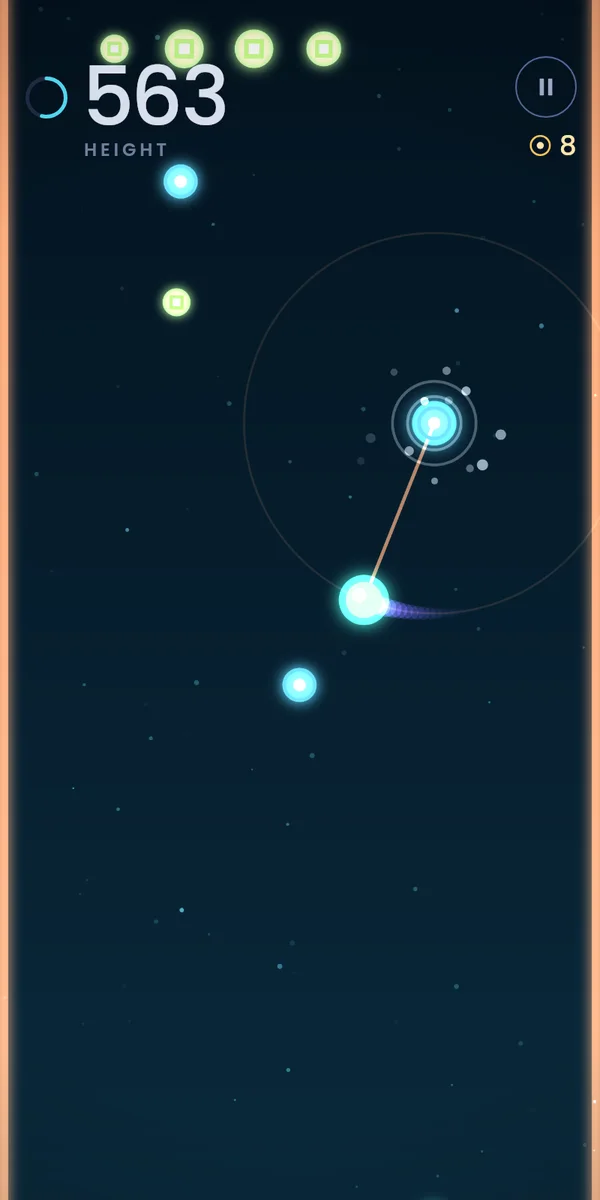Slingpin gameplay: a glowing ball swings on a tether between rings at a height of 38