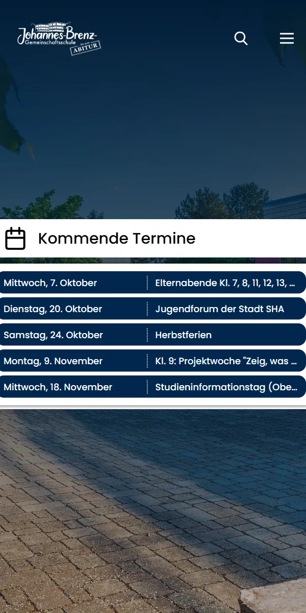 Johannes-Brenz-Gemeinschaftsschule home page on a phone, showing upcoming dates