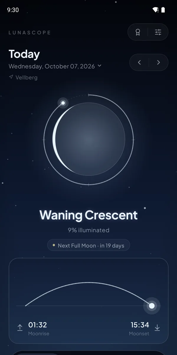 LunaScope weather view with cloud cover, visibility, humidity and wind for tonight