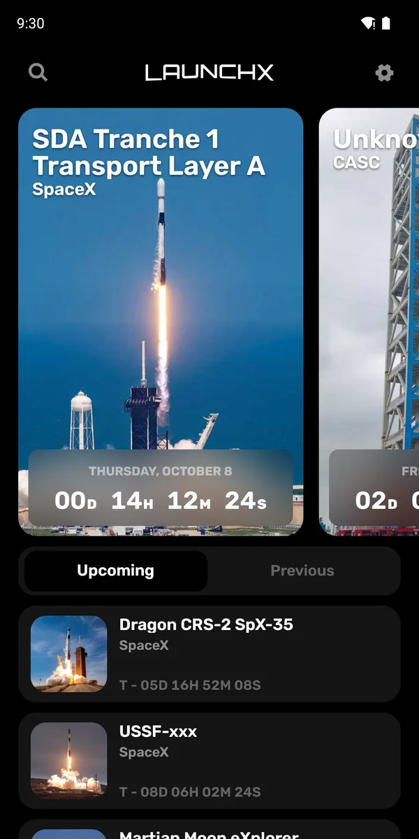 LaunchX home screen with tonight's moon phase, the next ISS pass and current aurora activity