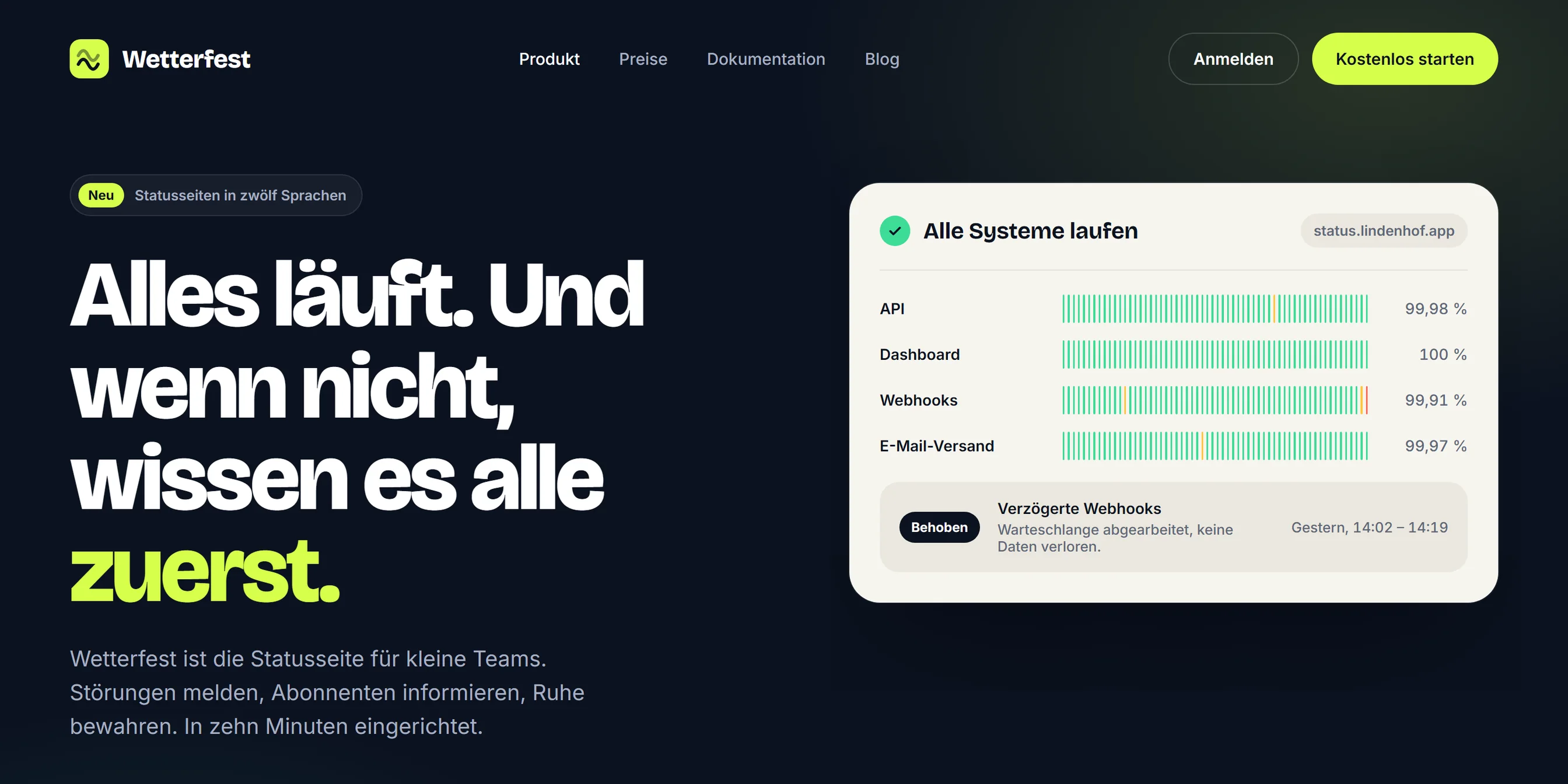 Sample draft from Haukel Design: the home page of a fictional status page service, dark with a lime accent